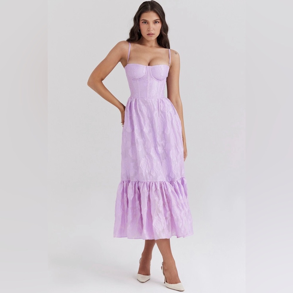 House of CB Mira Lilac Purple Floral Jacquard Tiered Corset Midi Dress
